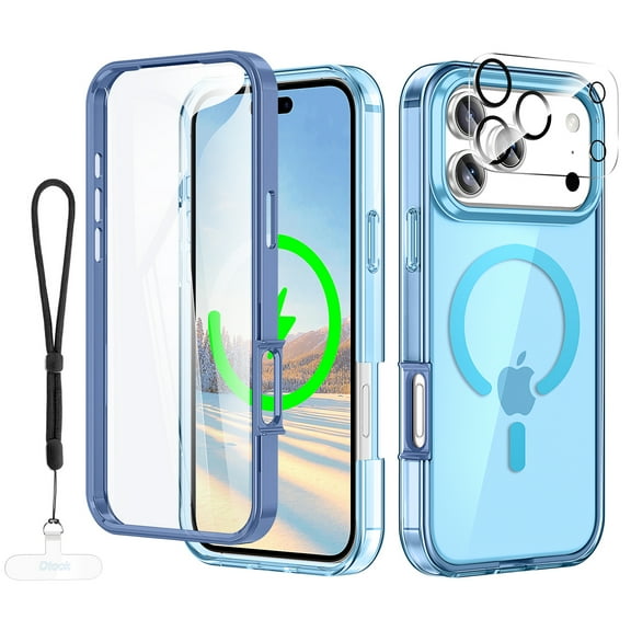 Dteck Magnetic for iPhone 17 Pro Max Case, Compatible with MagSafe Built-in Touch Sensitive Anti-Scratch Screen Protector, Camera Lens Cover with Wrsit Strap for iPhone 17 Pro Max 6.9 Inch,Blue