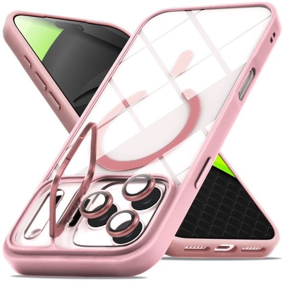 Dteck Magnetic for iPhone 17 Pro Max Case, Compatible with MagSafe, Military Grade Drop Protection, Slim Clear Shockproof with Camera Lens Cover Kickstand for iPhone 17 Pro Max,Pink