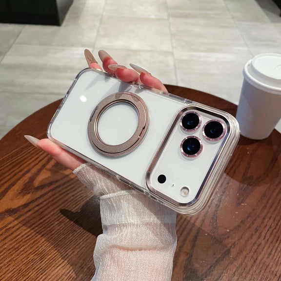 Dteck Magnetic for iPhone 17 Pro Max Case with Metal Camera Lens Cover, Metal Rotating Ring Holder Kickstand Ultra Slim Shockproof Bumper Clear Phone Cover for iPhone 17 Pro Max 6.9 Inch,Pink