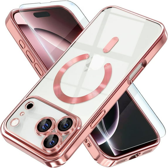 Dteck Magnetic for iPhone 17 Pro Max Case with Screen Protector, Compatible with MagSafe, Non Yellowing Slim Plating Soft Clear Phone Cover with Full Camera Lens Cover 6.9 Inch,Pink