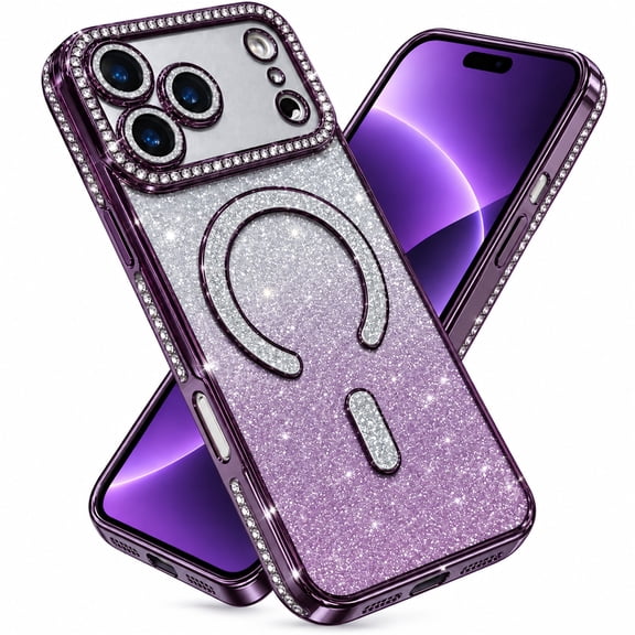 Dteck Gradient Bling Glitter Paper Magnetic Case for iPhone 17 Pro Max, Shockproof Compatible with Magsafe Accessory Sparkly Shiny Diamond Plated Frame Soft TPU Rubber Cover, Darkpurple