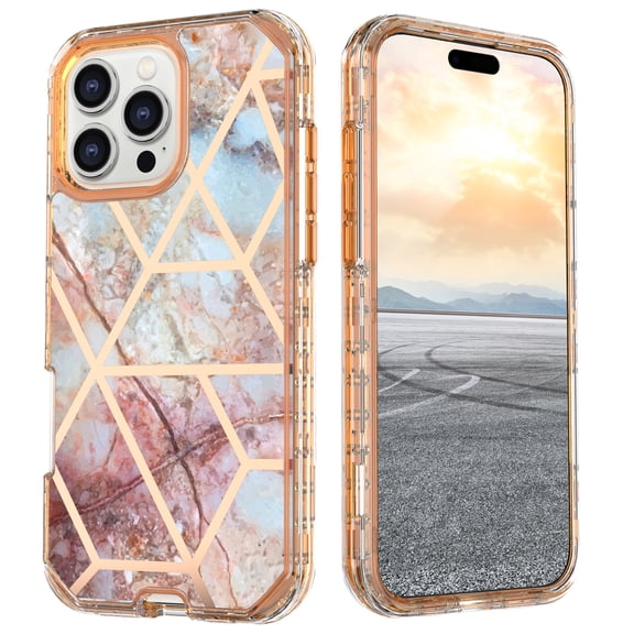 Dteck Marble Pattern Case For iPhone 16 Pro,Shockproof Hard PC+Soft Silicone Bumper Drop Protective Women Girls Phone Cover Case for iPhone 16 Pro,Pink/Gold