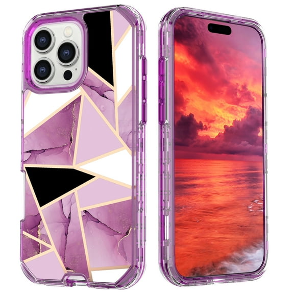 Dteck Marble Pattern Case For iPhone 16 Pro,Shockproof Hard PC+Soft Silicone Bumper Drop Protective Women Girls Phone Cover Case for iPhone 16 Pro,Purple/Black