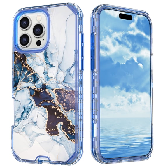 Dteck Marble Pattern Case For iPhone 16 Pro Max,Shockproof Hard PC+Soft Silicone Bumper Drop Protective Women Girls Phone Cover Case for iPhone 16 Pro Max,Blue/White