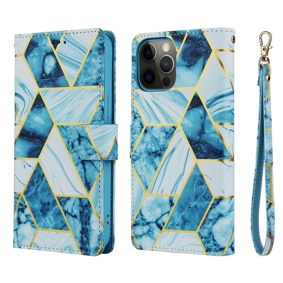 Dteck Marble Patterned Case for Apple iPhone 12 Pro 6.1-inch,Magnetic Leather Card Holder Wallet Kickstand iPhone 12 Case Flip Shockproof Protective Cover with Strap,Blue