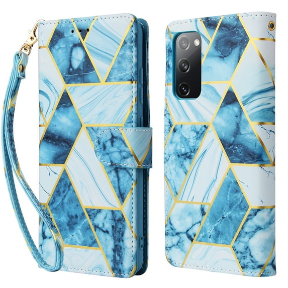 Dteck Marble Patterned Case for Samsung Galaxy S20 FE 6.5-inch,Magnetic Leather Card Holder Wallet Kickstand Galaxy S20 FE 5G Case Flip Shockproof Protective Cover with Strap,Blue