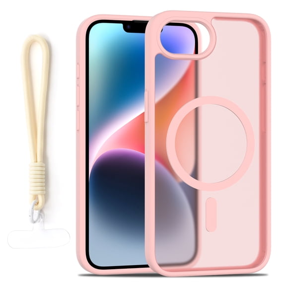 Dteck Matte Case with Wrist Strap for iPhone 17e / iPhone 16e,Shockproof TPU+PC Case Compatible with Mag Safe Frosted Translucent Back Cover for iPhone 17e/16e,Pink