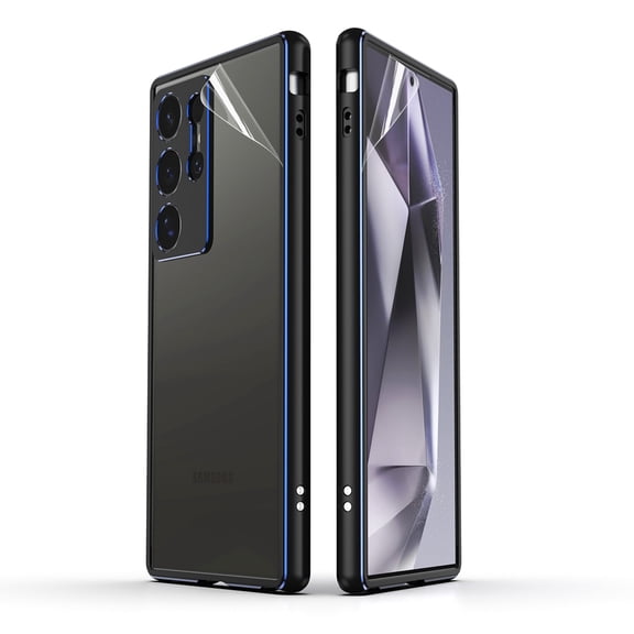 Dteck Metal Bumper Case for Samsung Galaxy S24 Ultra with Camera Protector, Ultra-Thin Aluminum Alloy Frame with Soft TPU Back Film + Screen Protector Film for Samsung Galaxy S24 Ultra 5G,Black+Blue