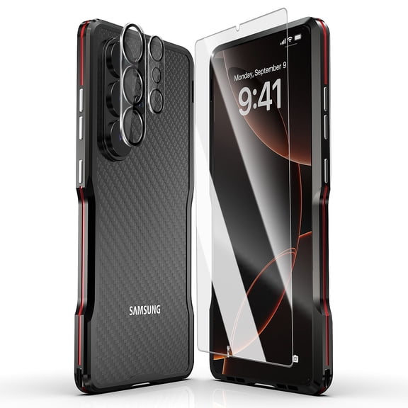 Dteck Metal Bumper Case for Samsung Galaxy S26 Ultra,Shockproof Aluminum Bumper Frame + Tempered Glass Screen Protector + Camera Lens Protector + Back Protective Film,Red
