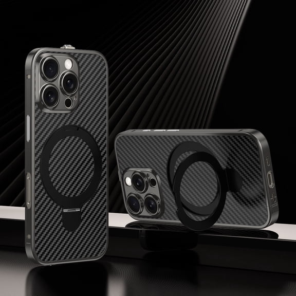 Dteck Metal Case for iPhone 15 Pro,Shockproof Stainless Steel Bumper Carbon fiber Back Cover Compatible with Mag Safe Case Ring Holder Stand Cover for iPhone 15 Pro,Black