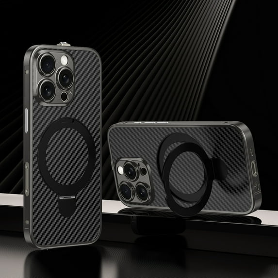 Dteck Metal Case for iPhone 15 Pro,Shockproof Stainless Steel Bumper Carbon fiber Back Cover Compatible with Mag Safe Case Ring Holder Stand Cover for iPhone 15 Pro,Black