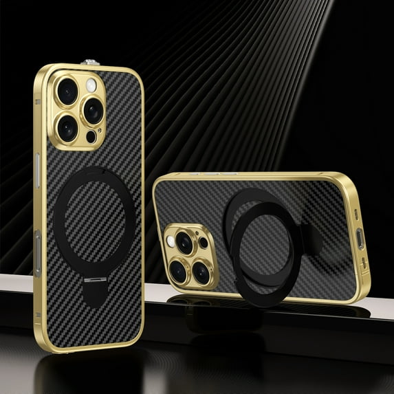 Dteck Metal Case for iPhone 15 Pro,Shockproof Stainless Steel Bumper Carbon fiber Back Cover Compatible with Mag Safe Case Ring Holder Stand Cover for iPhone 15 Pro,Gold
