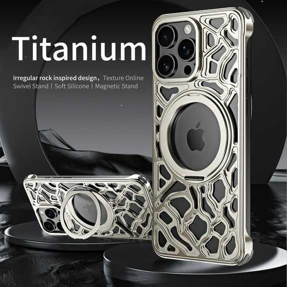Dteck Metal Case for iPhone 16 Pro Max,Luxury Magnetic Aluminum Alloy Phone Case with Rotation Bracket Heat Dissipation Cover for iPhone 16 Pro Max,Titanium