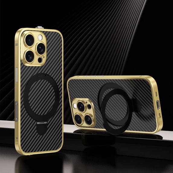 Dteck Metal Case for iPhone 16 Pro Max,Shockproof Stainless Steel Bumper Carbon fiber Back Cover Compatible with Mag Safe Case Ring Holder Stand Cover for iPhone 16 Pro Max,Gold