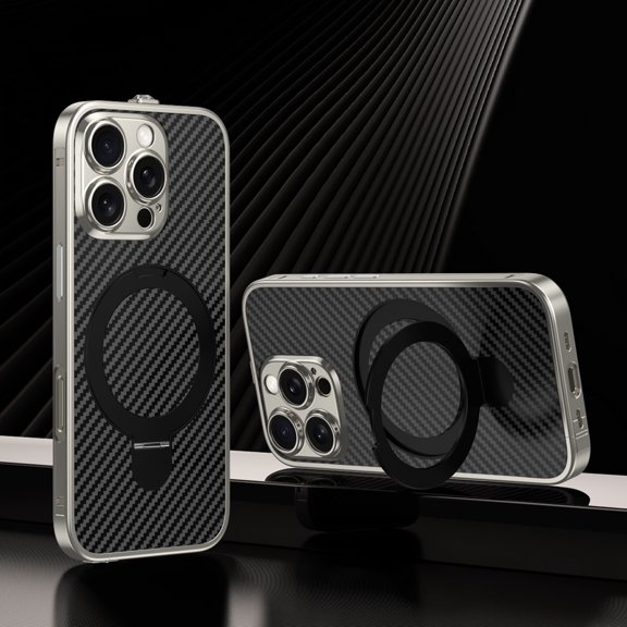 Dteck Metal Case for iPhone 16 Pro Max,Shockproof Stainless Steel Bumper Carbon fiber Back Cover Compatible with Mag Safe Case Ring Holder Stand Cover for iPhone 16 Pro Max,Titanium