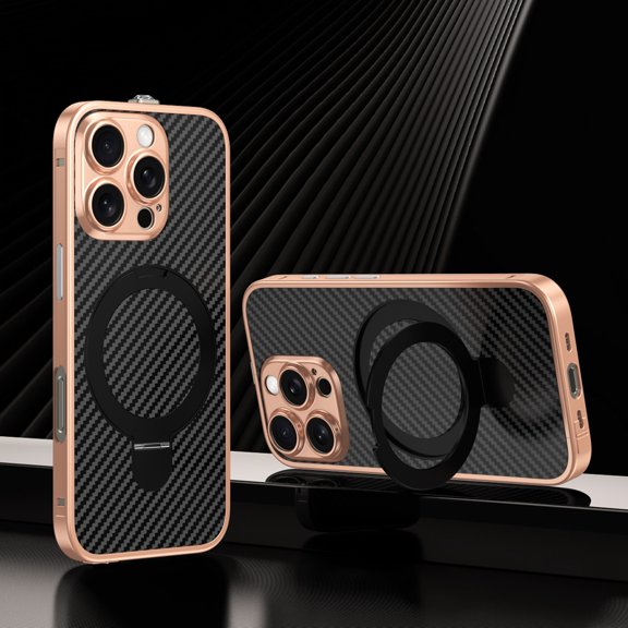 Dteck Metal Case for iPhone 16 Pro,Shockproof Stainless Steel Bumper Carbon fiber Back Cover Compatible with Mag Safe Case Ring Holder Stand Cover for iPhone 16 Pro,Rosegold