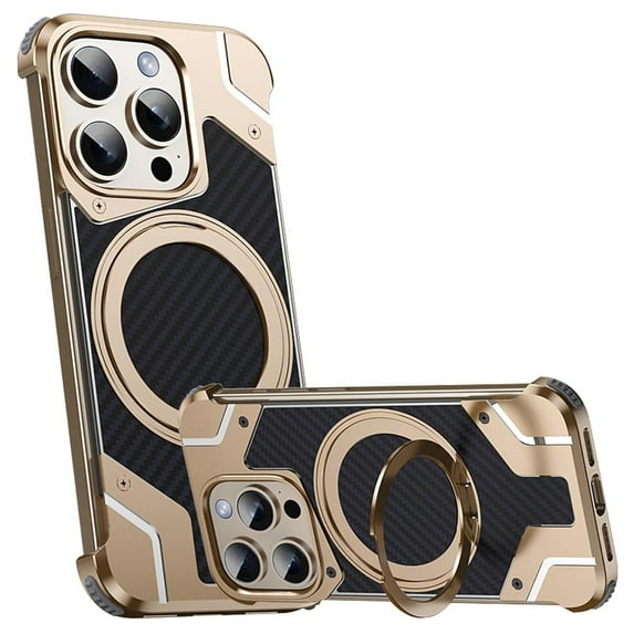 Dteck Metal Frameless Case for iPhone 16 Pro Max,Shockproof Aluminum Alloy Carbon Fiber Back Compatible with Mag Safe Case with 360° Rotating Stand Luxury Cover for iPhone 16 Pro Max ,Gold
