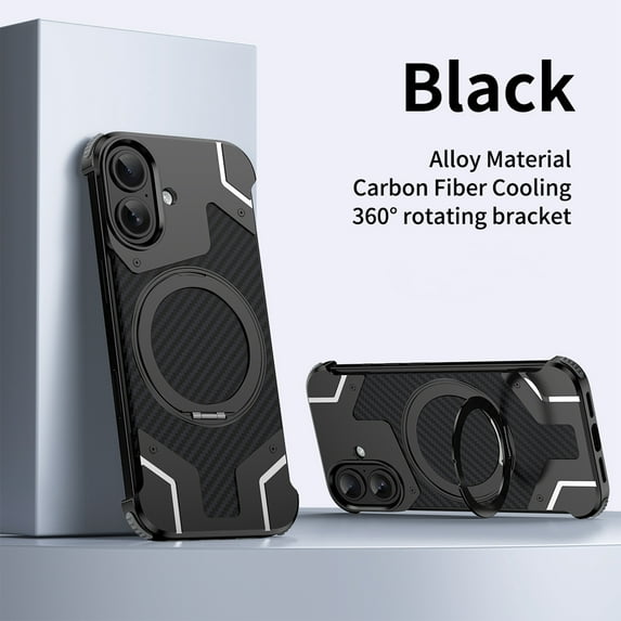 Dteck Metal Frameless Case for iPhone 16,Shockproof Aluminum Alloy Carbon Fiber Back Compatible with Mag Safe Case with 360° Rotating Stand Luxury Cover for iPhone 16 ,Black