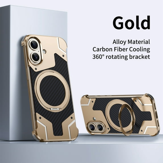 Dteck Metal Frameless Case for iPhone 16,Shockproof Aluminum Alloy Carbon Fiber Back Compatible with Mag Safe Case with 360° Rotating Stand Luxury Cover for iPhone 16 ,Gold