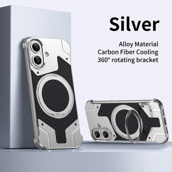 Dteck Metal Frameless Case for iPhone 16,Shockproof Aluminum Alloy Carbon Fiber Back Compatible with Mag Safe Case with 360° Rotating Stand Luxury Cover for iPhone 16 ,Silver