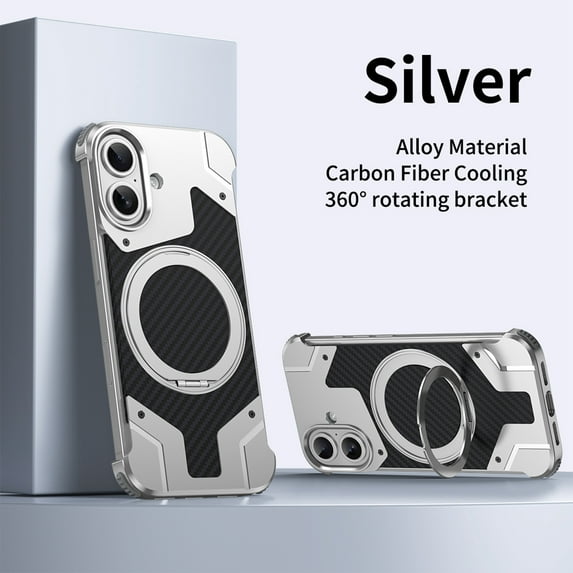Dteck Metal Frameless Case for iPhone 16,Shockproof Aluminum Alloy Carbon Fiber Back Compatible with Mag Safe Case with 360° Rotating Stand Luxury Cover for iPhone 16 ,Silver