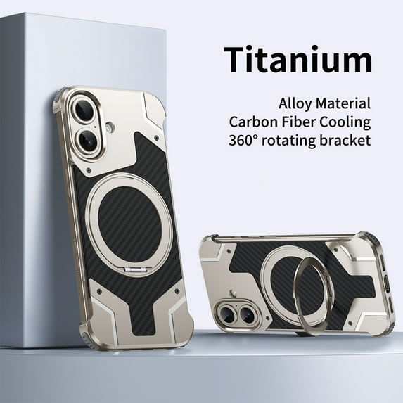 Dteck Metal Frameless Case for iPhone 16,Shockproof Aluminum Alloy Carbon Fiber Back Compatible with Mag Safe Case with 360° Rotating Stand Luxury Cover for iPhone 16 ,Titanium