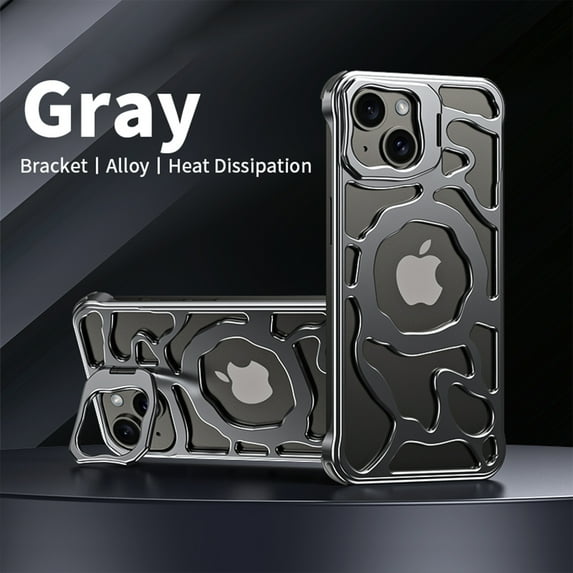 Dteck Metal Frameless Compatible with Mag Safe Case for iPhone 14,Luxury Alloy Case Hollow Heat Dissipation Sleek Minimalist Slim Case with Built-in Camera Stand Shockproof Cover,Grey
