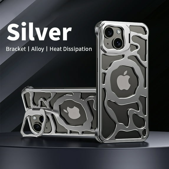 Dteck Metal Frameless Compatible with Mag Safe Case for iPhone 14,Luxury Alloy Case Hollow Heat Dissipation Sleek Minimalist Slim Case with Built-in Camera Stand Shockproof Cover,Silver