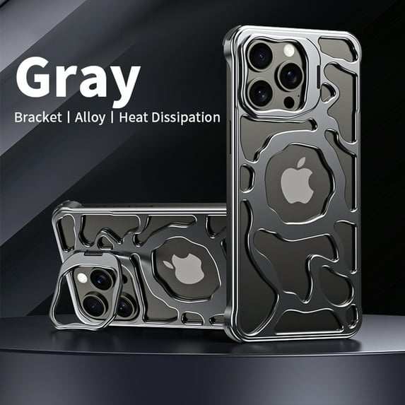 Dteck Metal Frameless Compatible with Mag Safe Case for iPhone 14 Pro,Luxury Alloy Case Hollow Heat Dissipation Sleek Minimalist Slim Case with Built-in Camera Stand Shockproof Cover,Grey