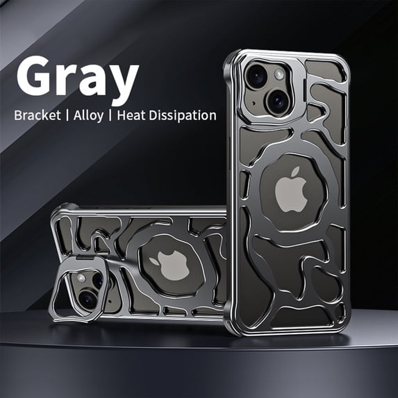 Dteck Metal Frameless Compatible with Mag Safe Case for iPhone 15,Luxury Alloy Case Hollow Heat Dissipation Sleek Minimalist Slim Case with Built-in Camera Stand Shockproof Cover,Grey