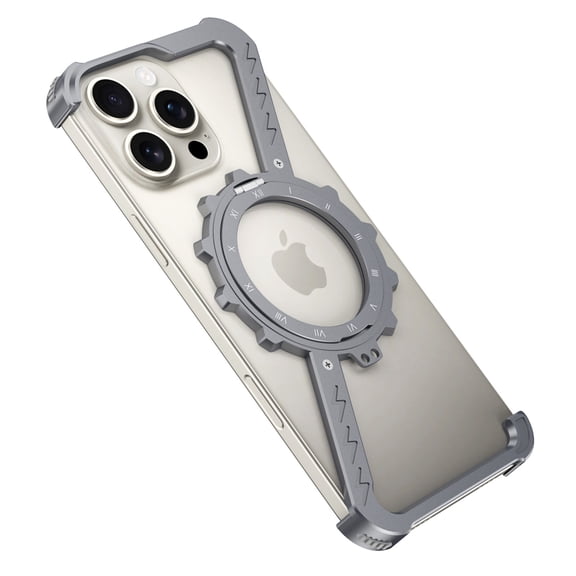 Dteck Minimalist Case for iPhone 16, Shockproof Frameless with 360 Rotatable Stand, Slim Military-Grade Protective Metal Bumper Z Case, Gray