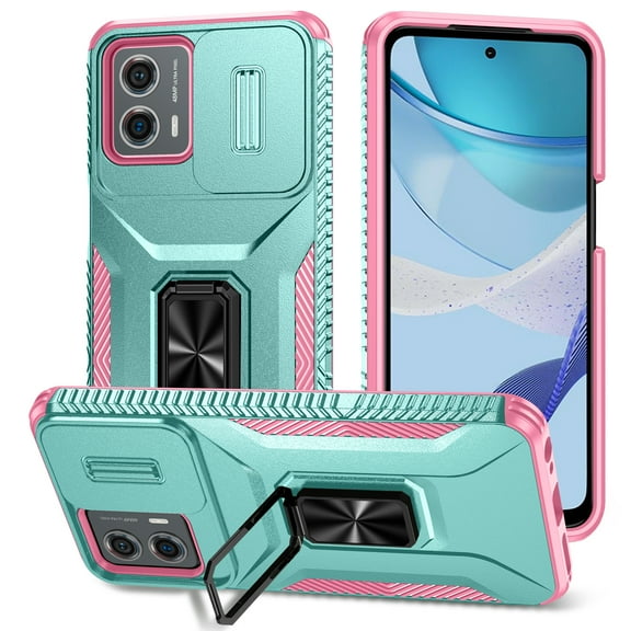 Dteck for Moto G 5G 2023 Case with Slide Camera Lens Cover, Full Camera Protection, Military Grade Shockproof Magnetic Ring Holder Kickstand Protective Phone Case for Motorola Moto G 2023,Mint+Pink