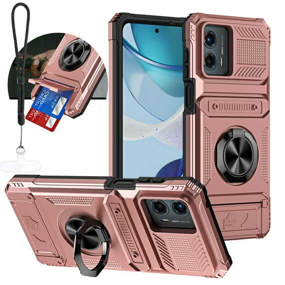 Dteck for Motorola Edge 2024 Case with Lanyard & Phone Tether Tab, Military Grade Drop Protection agnetic Ring Holder Kickstand Protective Phone Case for Moto Edge 2024,Rosegold
