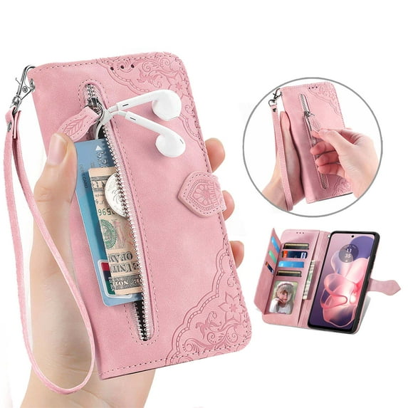 Dteck for Motorola Edge (2024) Case Wallet with Card Holder Slots & Zipper Pocket, Embossed PU Leather Flip Cover with Wrist Strap for Mote Edge 2024,Pink