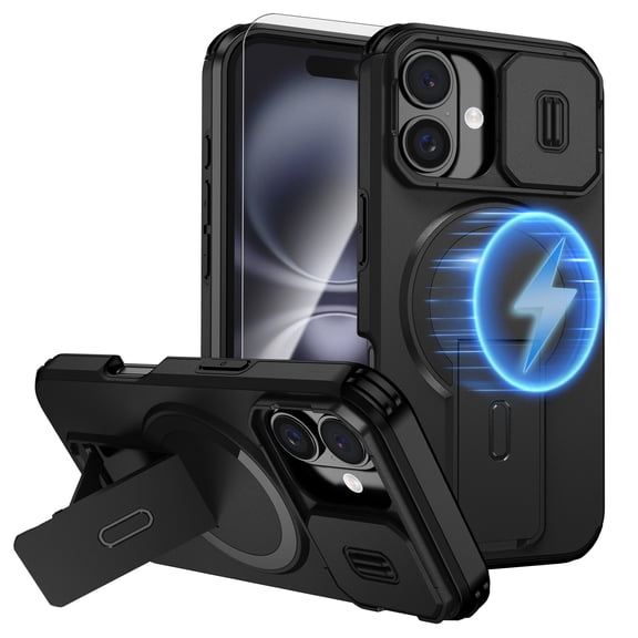 Dteck for Motorola Edge 2025 Case with Screen Protector, Fits MagSafe, with Slide Camera Lens Cover Protection Shockproof Rugged Kickstand Phone Cover,Black