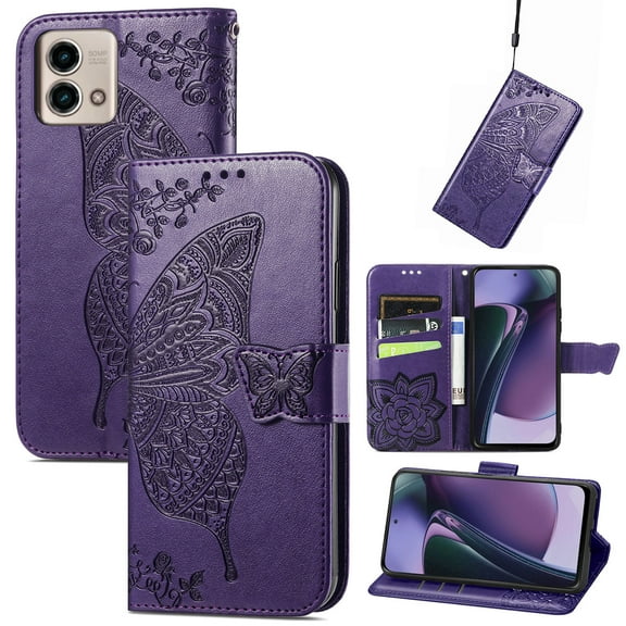 Dteck for Motorola Edge 2025 Case Wallet, Women Flip Cover with Butterfly Emboss PU Leather Stand Card Slots Wrist Strap Protective Phone Case for Moto Edge (2025),Purple