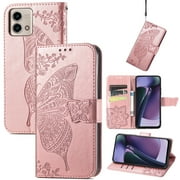 Dteck for Motorola Edge 2025 Case Wallet, Women Flip Cover with Butterfly Emboss PU Leather Stand Card Slots Wrist Strap Protective Phone Case for Moto Edge (2025),Rosegold