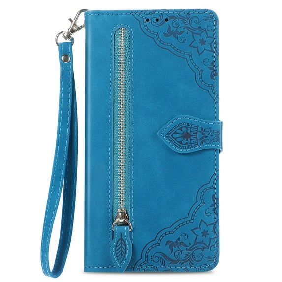 Dteck for Motorola Edge (2025) Wallet Case with Card Holder for Women Men, Embossed PU Leather Zipper Purse Card Holder Flip Folio Shockproof Cover with Wrist Strap, Blue