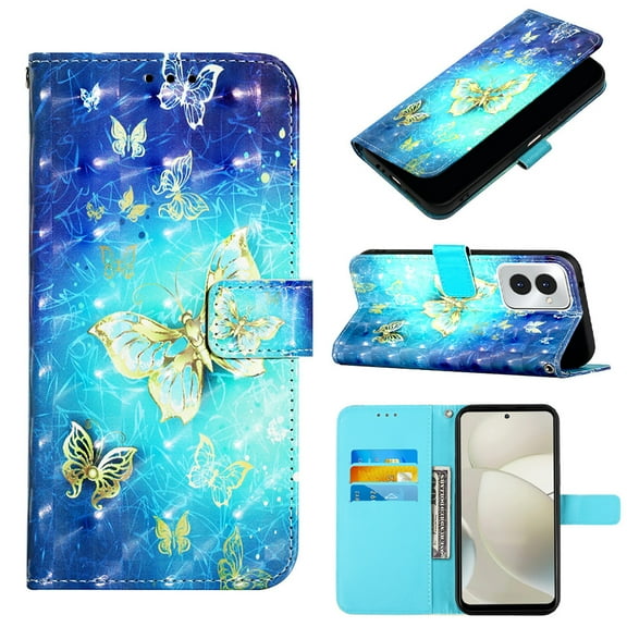 Dteck for Motorola G Stylus 5G (2023) / G Power 2023 Case 3D PU Leather Wallet Flip Protective Phone Case with Wrist Strap Card Slots Holder Pocket Cover, Golden Butterfly