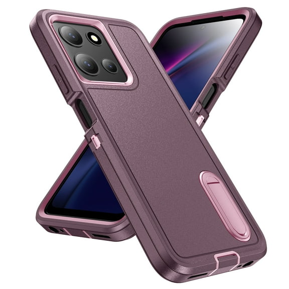 Dteck for Motorola Moto G (2025) Case with Built in Kickstand, Shockproof/Dustproof/Drop Proof Military Grade Non-Slip 3-Layer Silicone PC Protective Cover, Darkpurple+Pink