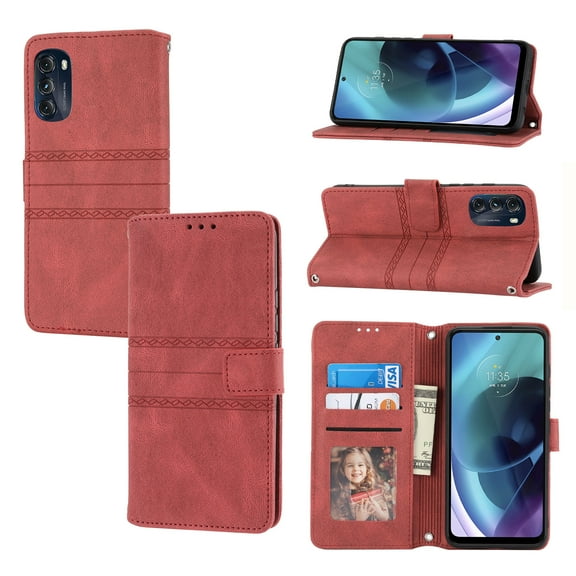 Dteck for Motorola Moto G 5G (2022) Case, Crossbody Shoulder Strap Flip Folio Cover Wallet Magnetic Closure Card Slots Cash Holder Stand Kickstand TPU Bumper Shockproof Protective Case,Red