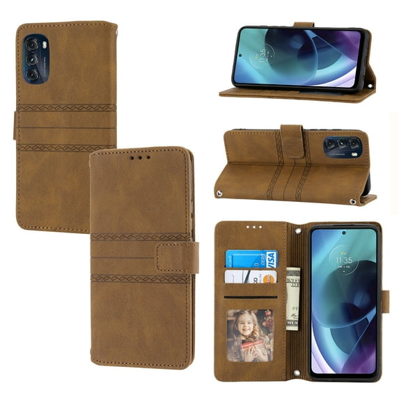 Dteck for Motorola Moto G 5G (2022) Case, Crossbody Shoulder Strap Flip Folio Cover Wallet Magnetic Closure Card Slots Cash Holder Stand Kickstand TPU Bumper Shockproof Protective Case,Brown