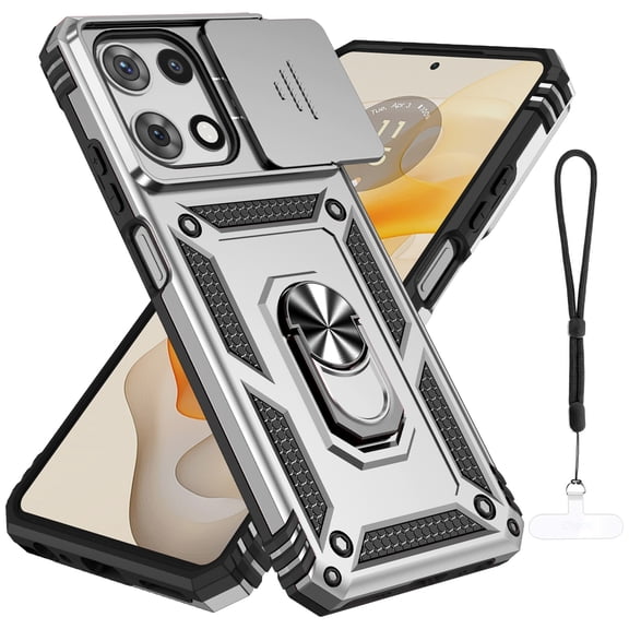 Dteck for Motorola Moto G 5G 2025 Case with Camera Slide Cover, Military Grade Drop Protection Magnetic Ring Holder Kickstand Protective Phone Case for Moto G 5G 2025,Silver