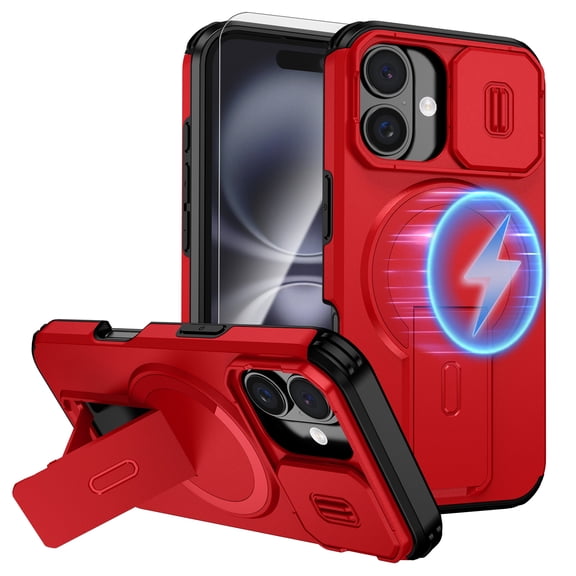 Dteck for Motorola Moto G 5G 2025 Case with Screen Protector, Fits MagSafe, with Slide Camera Lens Cover Protection Shockproof Rugged Kickstand Phone Cover,Red