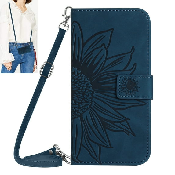 Dteck for Motorola Moto G Play 2023 Case, Crossbody Wallet Phone Case Embossed Flower PU Leather with Card Holder, Magnetic Closure Flip Folio Case with Lanyard,Ink Blue