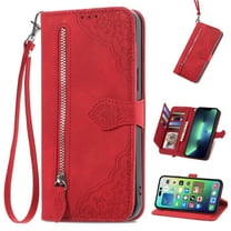 Dteck for Motorola Moto G Play 2023 Wallet Case with Zipper Credit Card Holder, Flip Folio Book PU Leather Phone Case Shockproof Wristlet Strap Cover for Women Men,Red