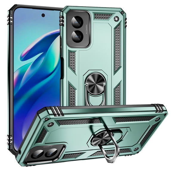 Dteck for Motorola Moto G Play 4G 2024 Case, Shockproof Heavy Duty Rotated Ring Kickstand Metal Ring Bracket All-Round Anti Drop Armor TPU+PC Case with Magnetic car Mount Cover, Darkgreen