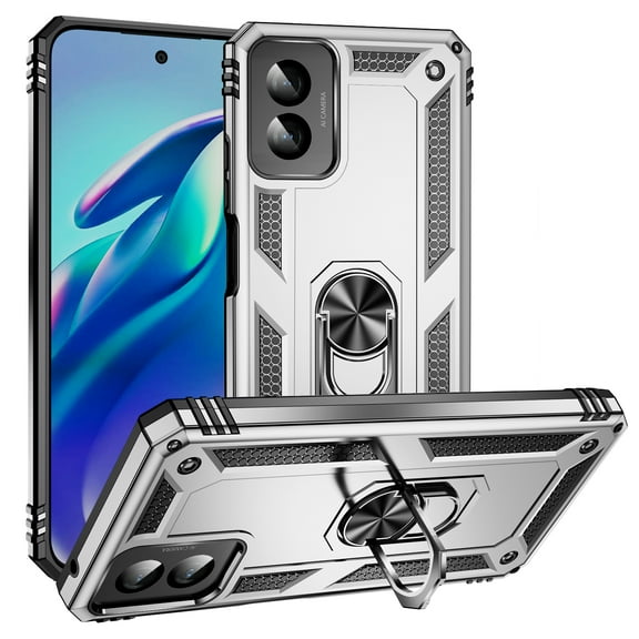 Dteck for Motorola Moto G Play 4G 2024 Case, Shockproof Heavy Duty Rotated Ring Kickstand Metal Ring Bracket All-Round Anti Drop Armor TPU+PC Case with Magnetic car Mount Cover, Silver