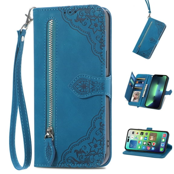 Dteck for Motorola Moto G Power 2022 Wallet Case with Zipper Credit Card Holder, Flip Folio Book PU Leather Phone Case Shockproof Wristlet Strap Cover for Women Men,Blue