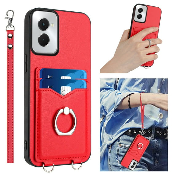 Dteck for Motorola Moto G Power 5G (2024) Case Wallet with Card Holder, Ultra Slim PU Leather TPU Bumper Shockproof Phone Case with Ring Holder Kickstand Wrist Strap for Moto G Power 5G 2024,Red
